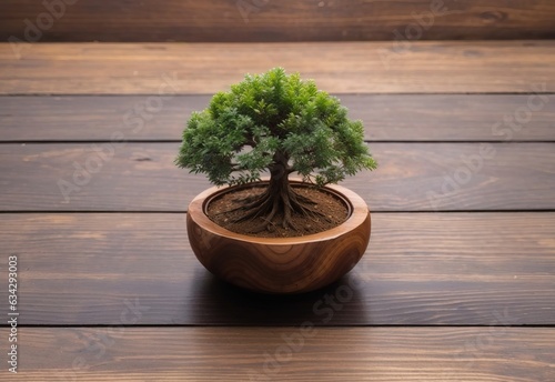 Top view small pot tree on natural wood table