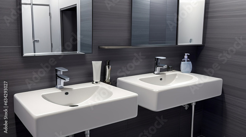 Contemporary Public Toilet Sinks with Mirrors  Modern and Functional Design. 