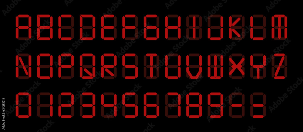 Vector Set: Red Digital Display Font with Alarm Clock Letters, Electronic Alphabet, Retro Calculator Symbols, LCD Monitor Characters, and Scoreboard Digits.