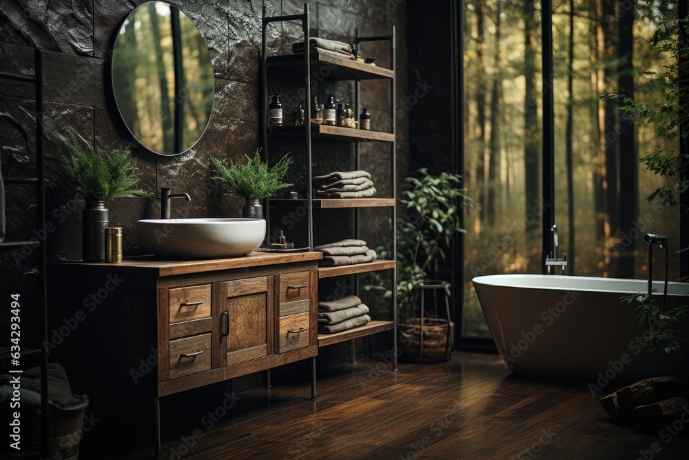 A rustic bathroom boasting a captivating view, characterized by its dark stone wall, warm wood floor, and complementing rustic furniture. Photorealistic illustration, Generative AI