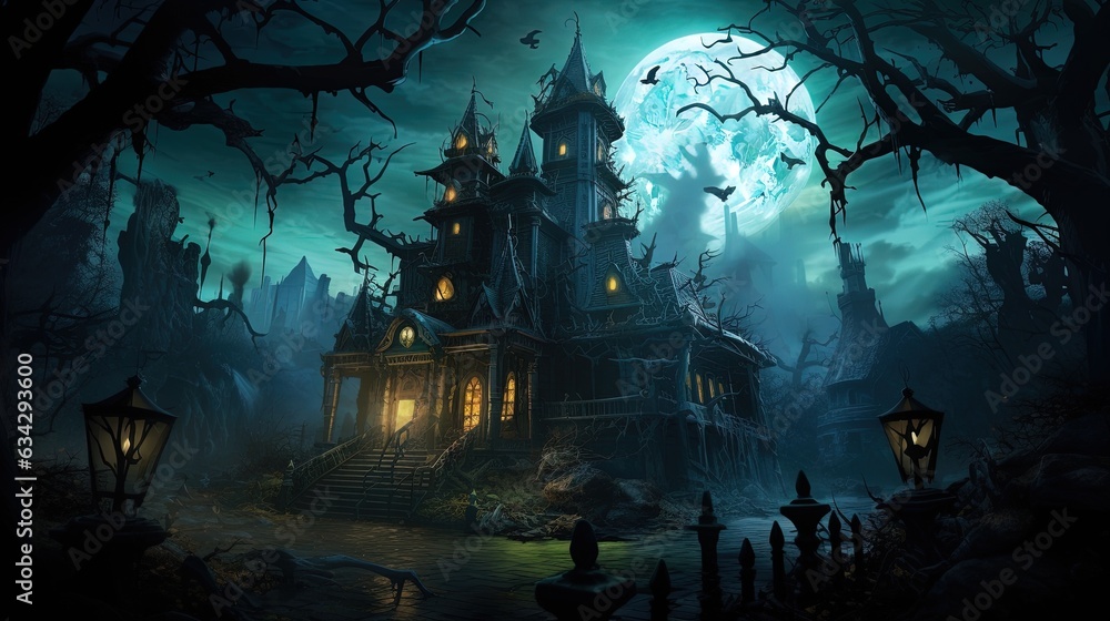 a spooky house with a full moon in the background. generative ai a spooky house with a full moon in the background. generative ai