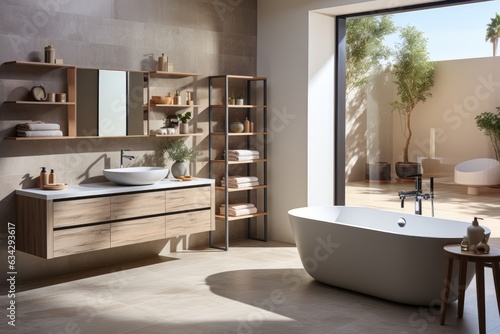 A sunlit home bathroom exuding a white minimalist charm  adorned with marble walls and floors  accompanied by wood built-ins. Photorealistic illustration  Generative AI