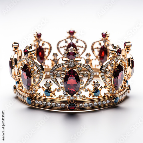 Photo of the queen's crown isolated on a plain background. Made of gold and decorated with precious stones. 
