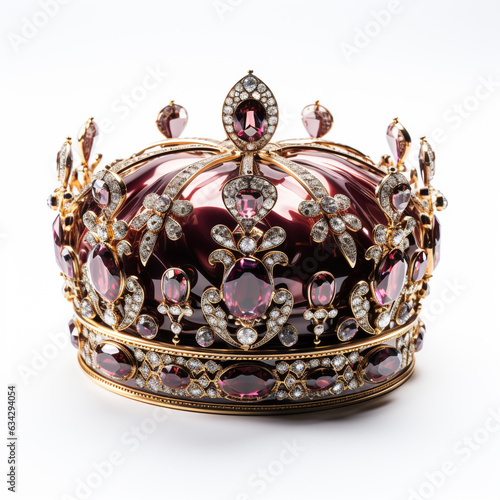 Photo of the queen's crown isolated on a plain background. Made of gold and decorated with precious stones. 