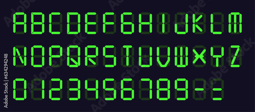 Vector Green Digital Display Font with Alarm Clock Letters, Electronic Alphabet, Retro Calculator Symbols, LCD Monitor Characters, Scoreboard Digits, High-Tech Typeface