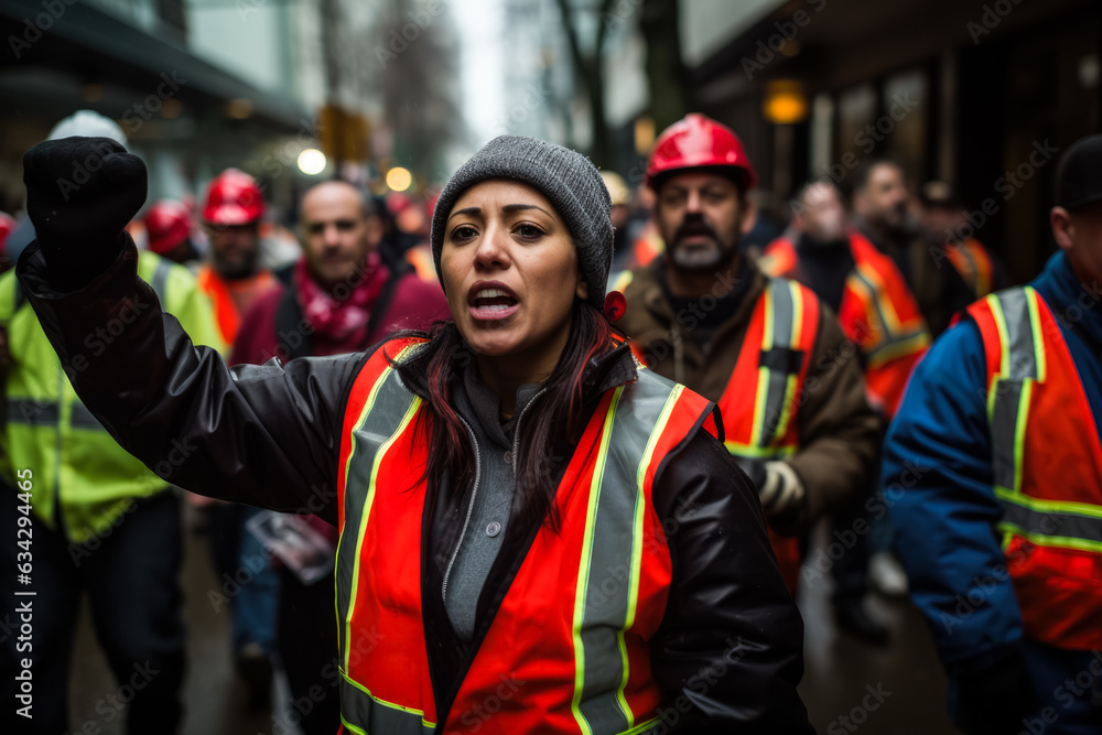 Striking workers march in solidarity their determination visible in their resolute expressions 