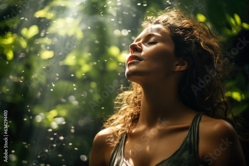 Under a canopy of leaves a person practices mindful breathing feeling the earth's energy a connection to nature for World Mental Health Day 