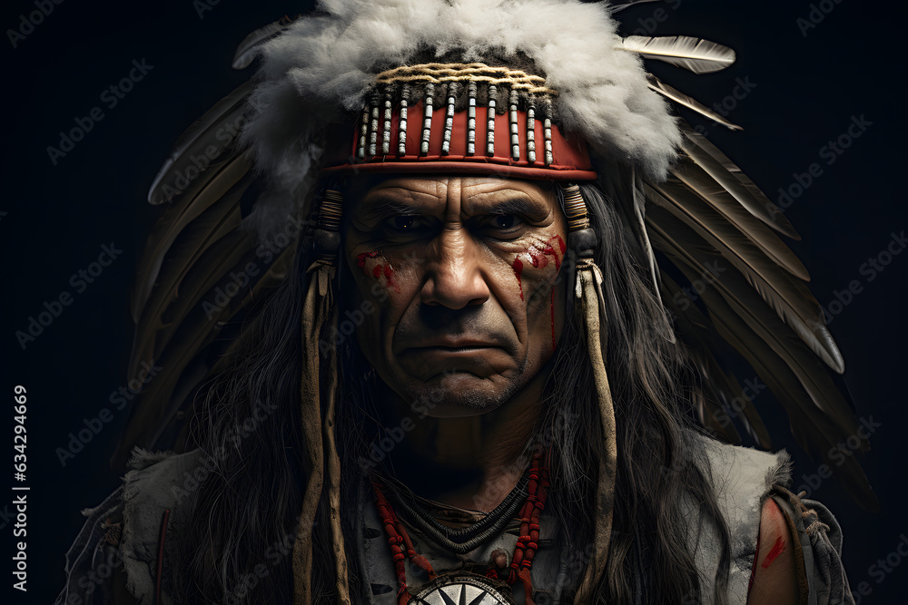 Portrait tribal Indian warrior in traditional makeup and feather headdress, native American tribe male isolated on dark background, mature man of ancient civilization