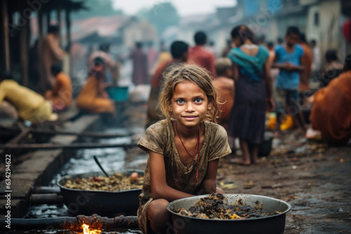 Hungry girl on the slum district 