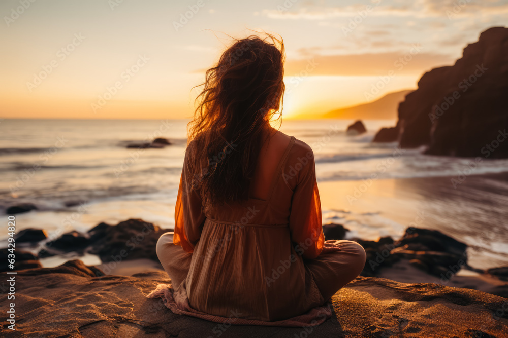 Woman meditating at the sea shore, mental health 
