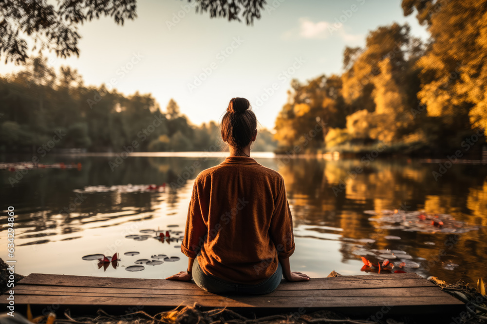 A person sits by a calm lake breathing in the fresh air surrounded by trees rustling in the gentle breeze a moment of serenity for World Mental Health Day 