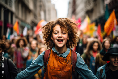 A young environmentalist leading a spirited chant amidst a sea of colorful banners and concerned faces at a climate strike 