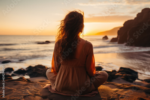 Woman meditating at the sea shore, mental health  © fotogurmespb