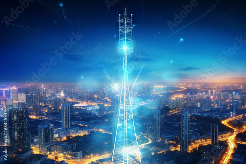 Telecommunication tower with 5G cellular network antenna on city background, Global connection and internet network concept. Generative AI.