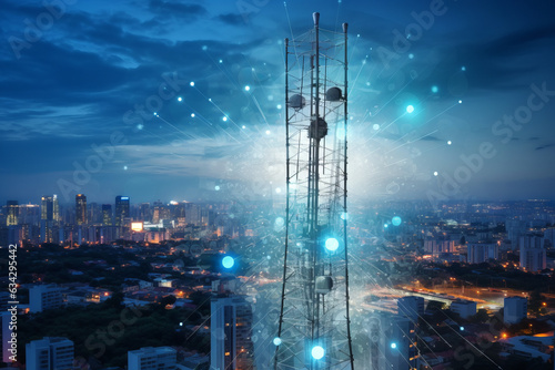 Telecommunication tower with 5G cellular network antenna on city background, Global connection and internet network concept. Generative AI.