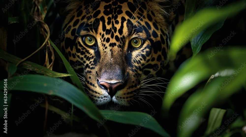 a close up of a leopard's face surrounded by leaves. generative ai a close up of a leopard's face surrounded by leaves. generative ai