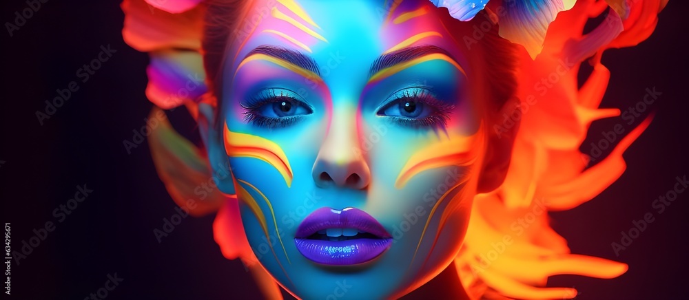 Fashion model woman face with fantasy art make-up. Bold makeup, glance Fashion art portrait, incorporating neon colors. Advertising design for cosmetics, beauty salon. Generative Ai content.