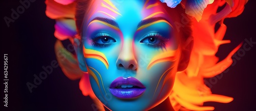 Fashion model woman face with fantasy art make-up. Bold makeup, glance Fashion art portrait, incorporating neon colors. Advertising design for cosmetics, beauty salon. Generative Ai content.