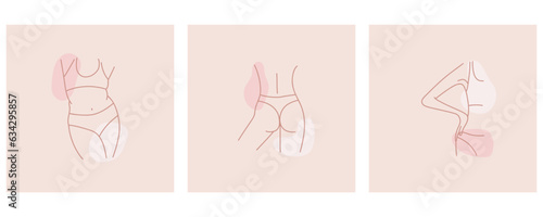 Woman parts. Female outline body in swimsuit or underwear elements. Hand drawn pastel pink minimal cards. Sexy skin and plus size female characters in bra and panties posters, vector isolated set