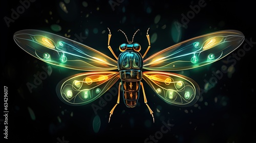  a bug with glowing wings on a black background with a green and yellow pattern.  generative ai © Anna
