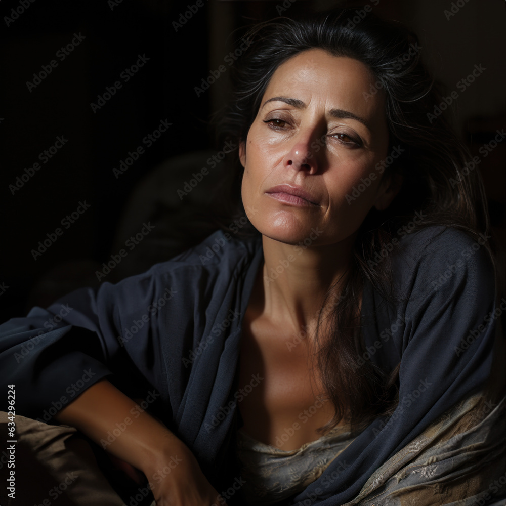 Naklejka premium portrait de femme yeux mi-clos, fatiguée, déprimée, endormie