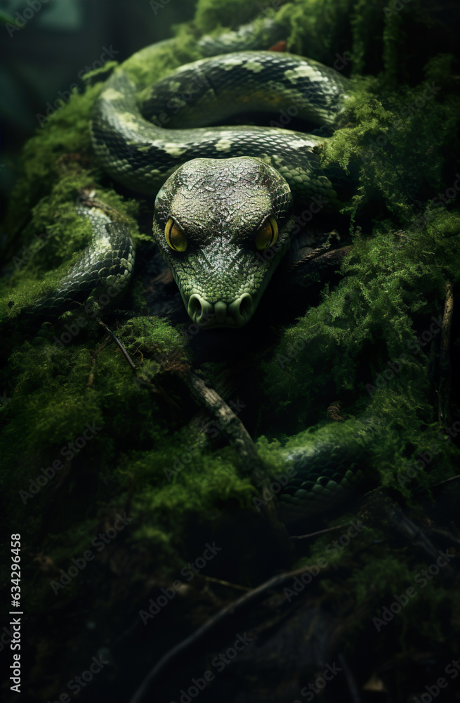 Snake is hiding in spooky forest realistic photo character generative AI illustration. Animals in the woods concept