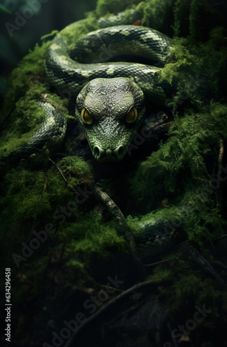 Snake is hiding in spooky forest realistic photo character generative AI illustration. Animals in the woods concept © Uros Petrovic