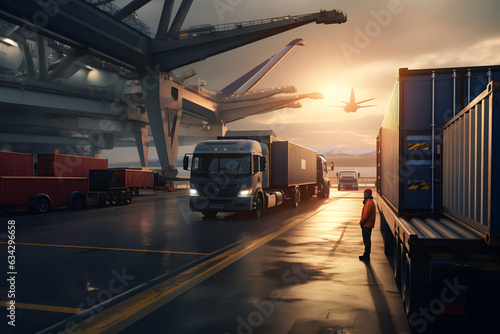a truck is unloading cargo in a container at an airport and port at evening Generative AI