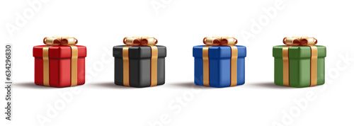 set of 3d render gift box illustration with golden shiny ribbon bow and wrapped in coloured glossy paper