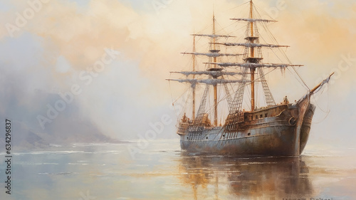 Fotografiet brigantine ship sailboat seascape drawing art.