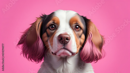 Portrait of a cute dog on a pink background. Studio shot.

