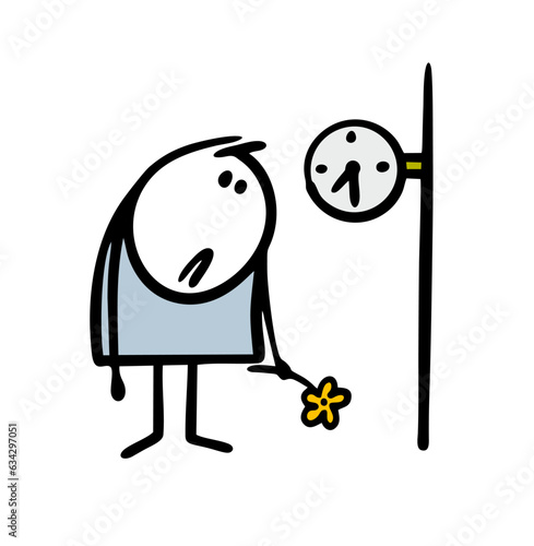 Cartoon frustrated lover stands under a clock with flowers and waits for a woman to date. Vector illustration of an unsuccessful date, the girl is late.