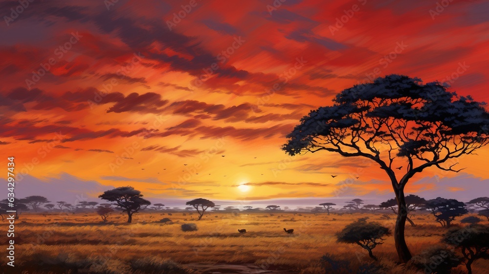  a painting of a sunset with a tree in the foreground.  generative ai