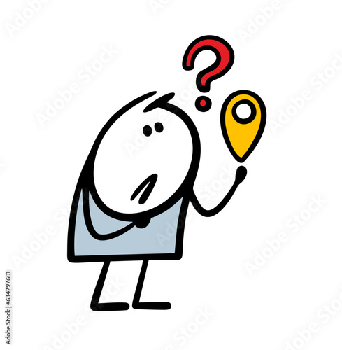 Cartoon stickman looks anxiously at the location sign and does not know where to go. Vector illustration of placemark and lost traveler.