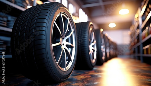 Tires in a tire store  Spare tire car  Seasonal tire change  Car maintenance and service center.Generative ai