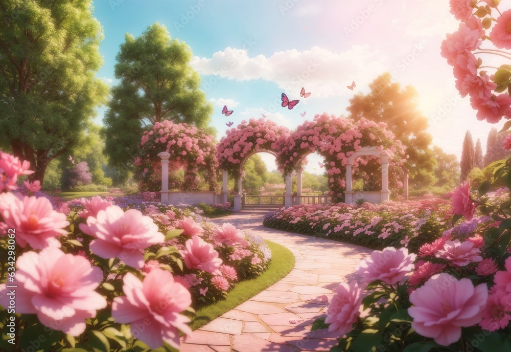 Summer flower park, pink with morning sunlight, idyllic spring background with blooming bushes and flying butterflies in the garden