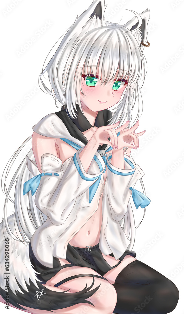 Smiling Nekomimi Anime Girl Cute With Idol Outfit White Ponytaik Hair And Green Eyes Smiling Nekomimi Anime Girl Cute With Idol Outfit White Ponytaik Hair And Green Eyes