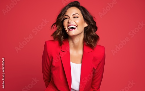 Happy ultra beauty business girl, who is smiling and laughing, wearing bright clothes. Bright solid background. created by generative AI technology.