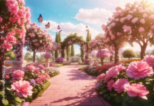 Summer flower park, pink with morning sunlight, idyllic spring background with blooming bushes and flying butterflies in the garden