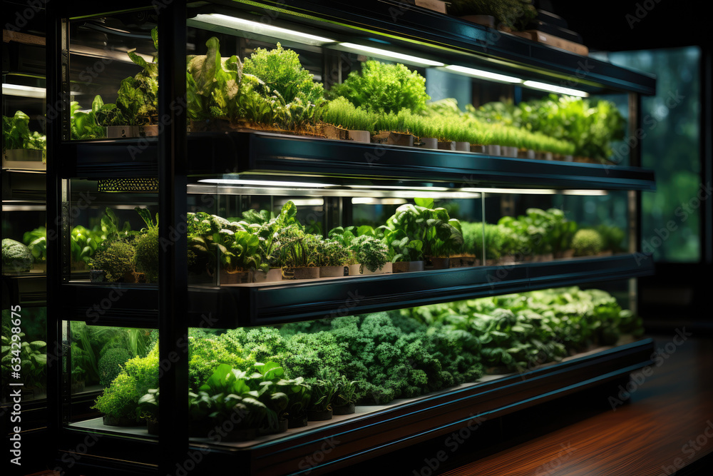 Shelves with growing microgreens, vegetables. hydroponic urban farm. Generative AI