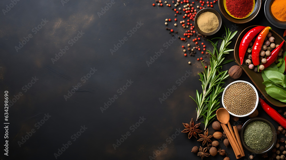 Spice powders on black background with peppers red chilli as cooking ingredients Spice powders on black background with peppers red chilli as cooking ingredients
