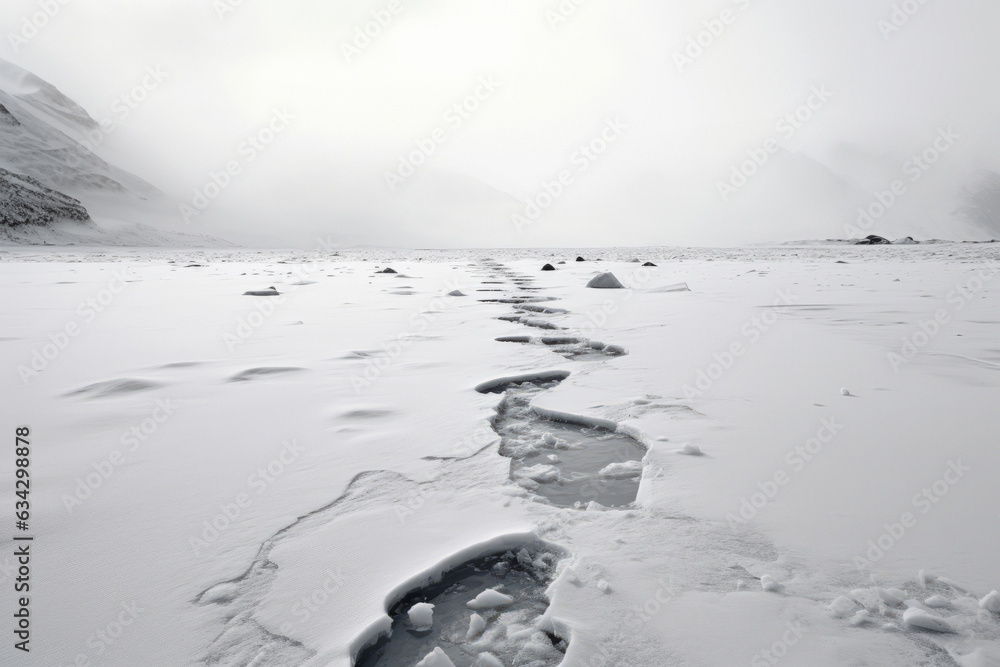A view of a remote icy landscape with visible human footprints. Man's Mark on Fragile Icy Expanses A view of a remote icy landscape with visible human footprints. Man's Mark on Fragile Icy Expanses