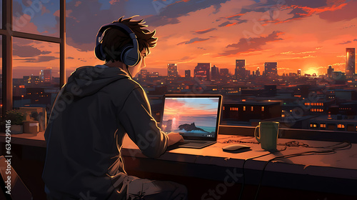 person working on laptop at sunset view on a roof top Lofi anime style