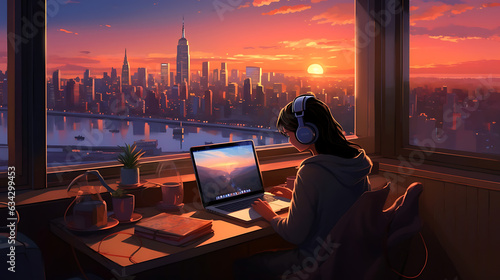 a girl working on a laptop with a head phone next to a large window with a sunset skyline window view Lofi anime style