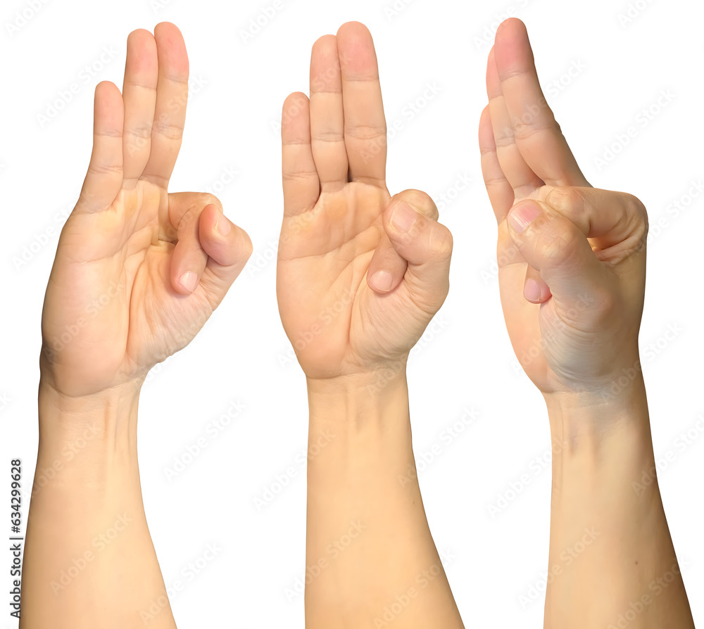 Hand in vayu mudra spiritual praying pray symbols shape on transparent background cutout, PNG file. Mockup template for artwork design. 3 angle perspective. Sign gestures concept Hand in vayu mudra spiritual praying pray symbols shape on transparent background cutout, PNG file. Mockup template for artwork design. 3 angle perspective. Sign gestures concept