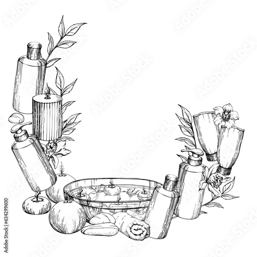 Hand drawn vector ink spa skincare bath beauty products package with flowers and leaves. Frame border. Isolated on white background. Design for wellness resort, print, fabric, cover, card, booklet.