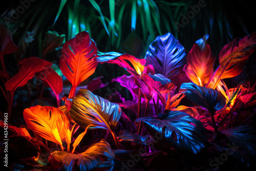Silhouettes of tropical foliage highlighted with neon glows. Neon-Edged Tropical Foliage