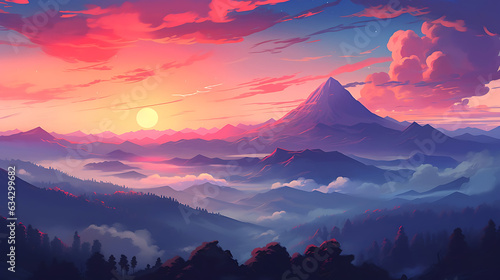 sunset in the mountain view Lofi anime style