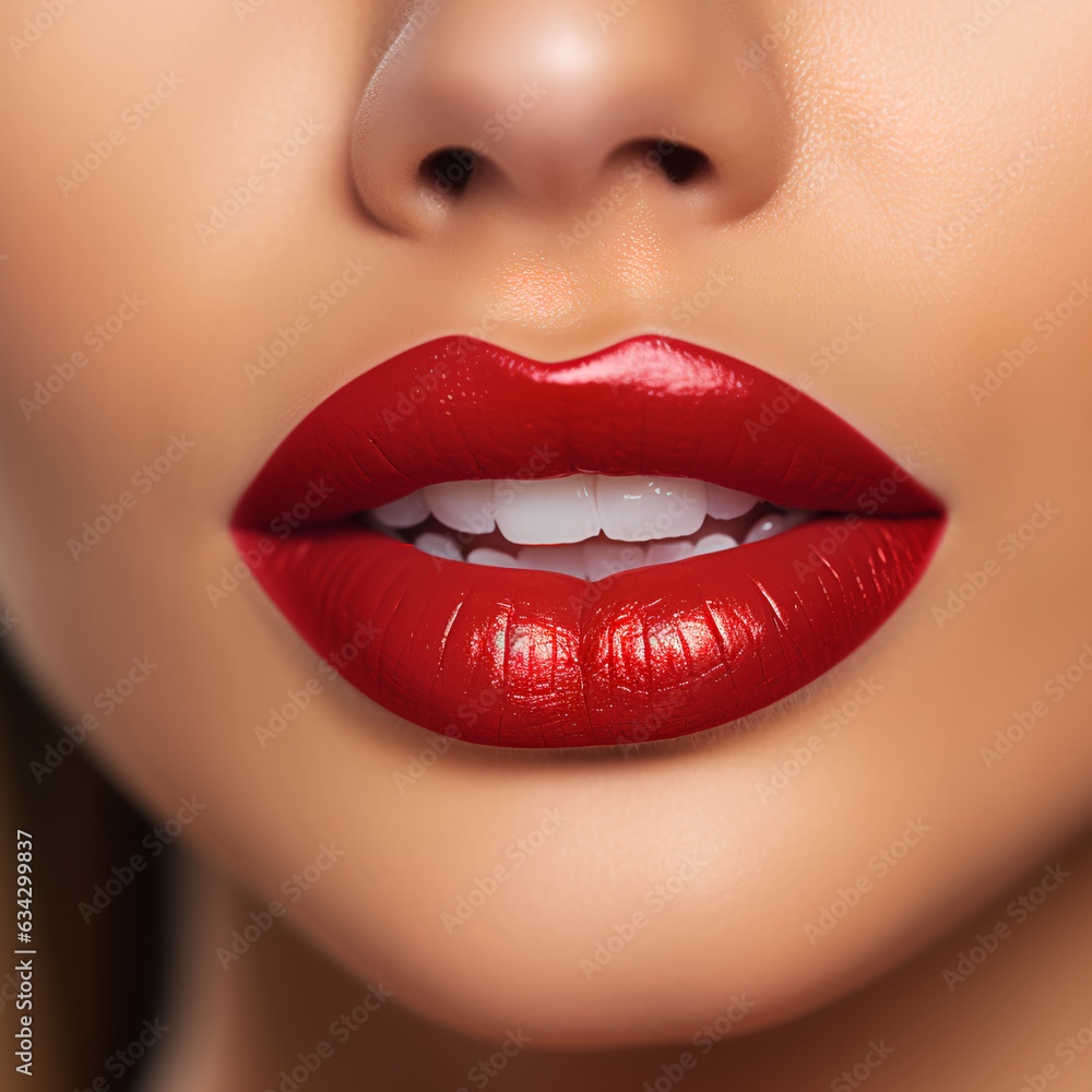 Fototapeta premium Close-up of woman's lips with red lipstick 