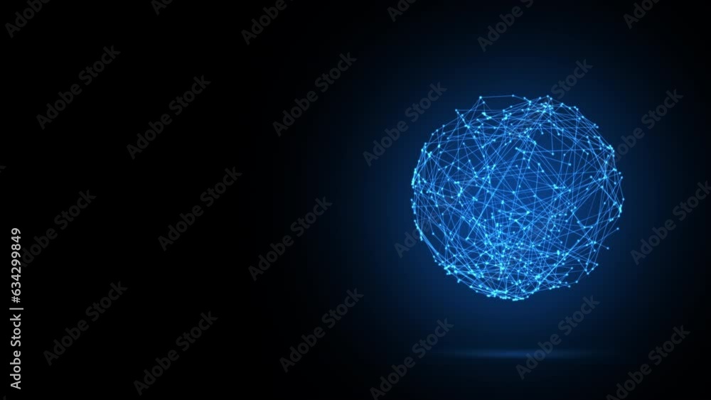 3D animation of future shape a rotating neon blue transparent sphere from lines and dots, 4K abstract geometric animated background 3D animation of future shape a rotating neon blue transparent sphere from lines and dots, 4K abstract geometric animated background